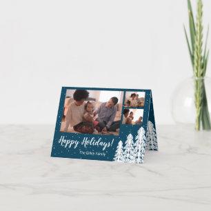 Tarjeta Festiva Árbol de pino con nieve azul vacaciones de 3 fotos