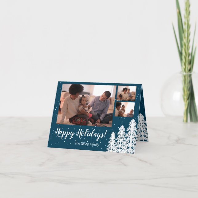 Tarjeta Festiva Árbol de pino con nieve azul vacaciones de 3 fotos (Anverso)