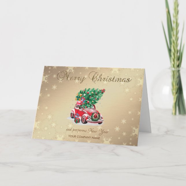 Tarjeta Festiva Árbol de pino de coche rojo Presenta Feliz Saludo  (Anverso)