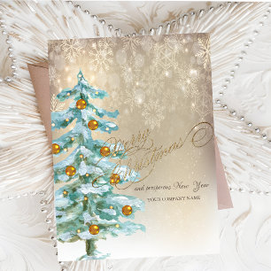 Tarjeta Festiva Árbol de Pino en Acuarela Chic, Bolas, Copos de Ni
