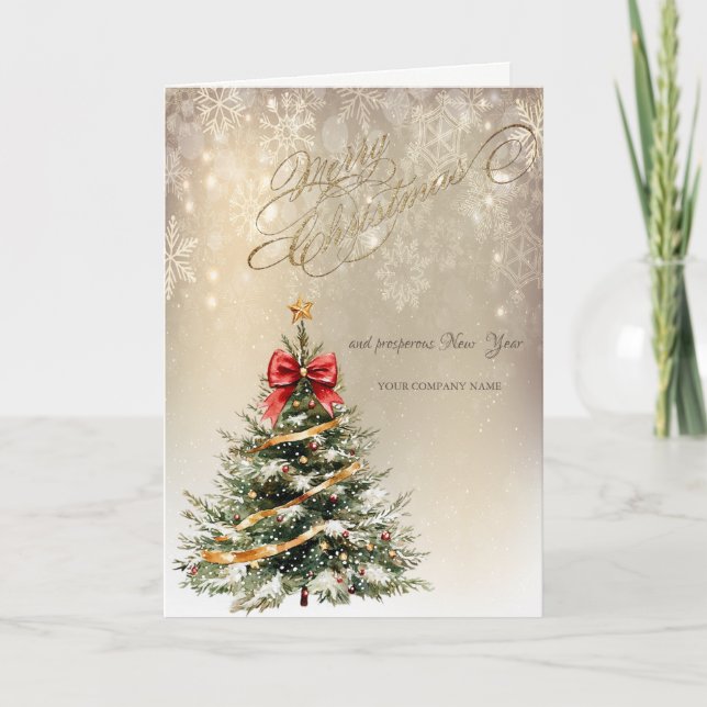 Tarjeta Festiva Árbol de pinos, arco rojo, vacaciones de copos de  (Anverso)