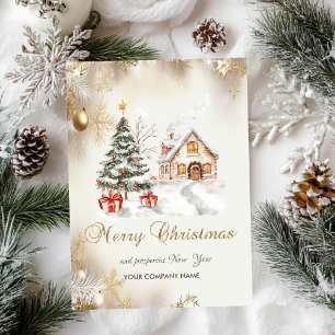 Tarjeta Festiva Árbol de pinos, regalos, vacaciones de copos de ni