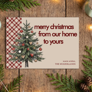 Tarjeta Festiva Árbol de Plaid Rojo Rústico De Nuestra Casa a la S