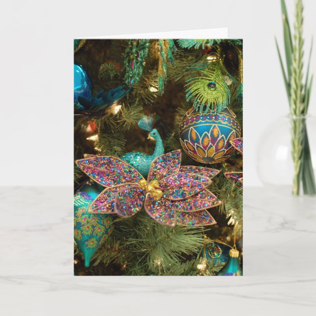 Tarjeta Festiva Árbol de vacaciones de Navidades de pavo real (Anverso)
