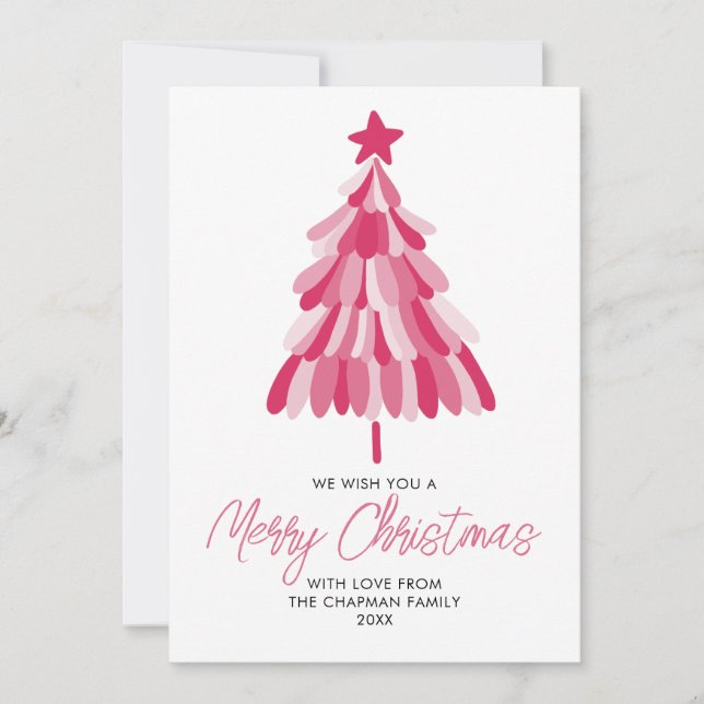 Tarjeta Festiva Árbol de vacaciones de Navidades rosados (Anverso)
