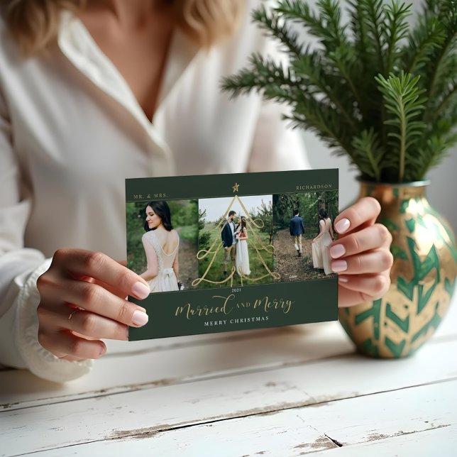 Tarjeta Festiva Árbol de vacaciones de oro casado y merry elegante (Married & Merry Elegant Gold Holiday Tree 3 Photo)