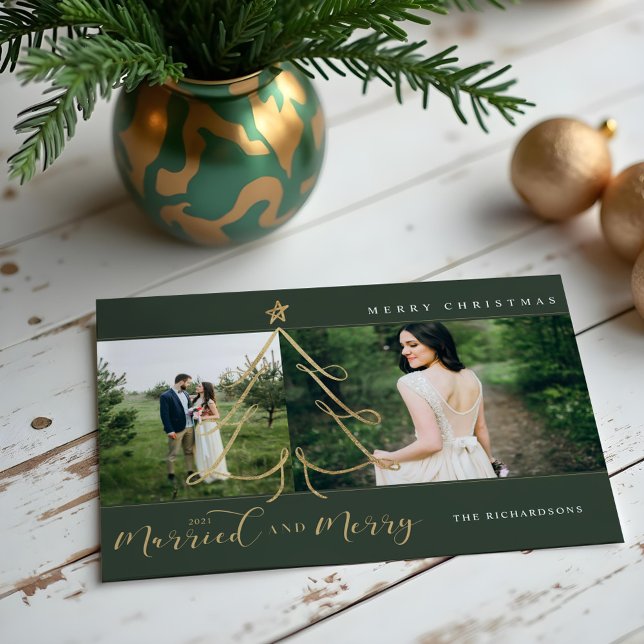 Tarjeta Festiva Árbol de vacaciones de oro casado y merry elegante (Married & Merry Elegant Gold Holiday Tree 2 Photo)