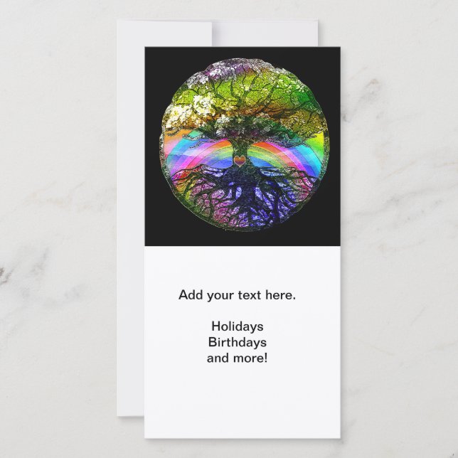 Tarjeta Festiva Árbol de vida con corazón arcoiris (Anverso)