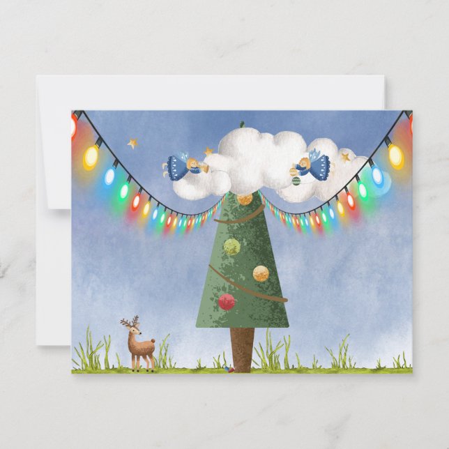 Tarjeta Festiva Árbol decorado con ángeles en alto con texto perso (Anverso)