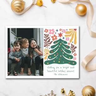Tarjeta Festiva Árbol Floral Folclórico Brillante Foto Navideña Ad
