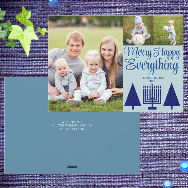 Tarjeta Festiva Árbol interreligioso Menorah Cute 3 Foto (Add your photos to these cute Merry Happy Everything holiday cards)