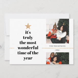 Tarjeta Festiva Árbol minimalista de purpurina dorada con foto fam