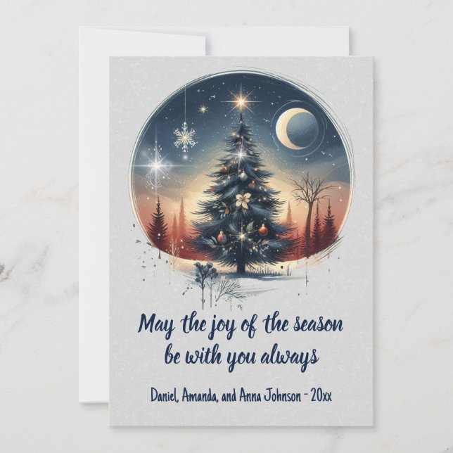 Tarjeta Festiva Árbol moderno, contra Navidades forestales y lunar (Anverso)