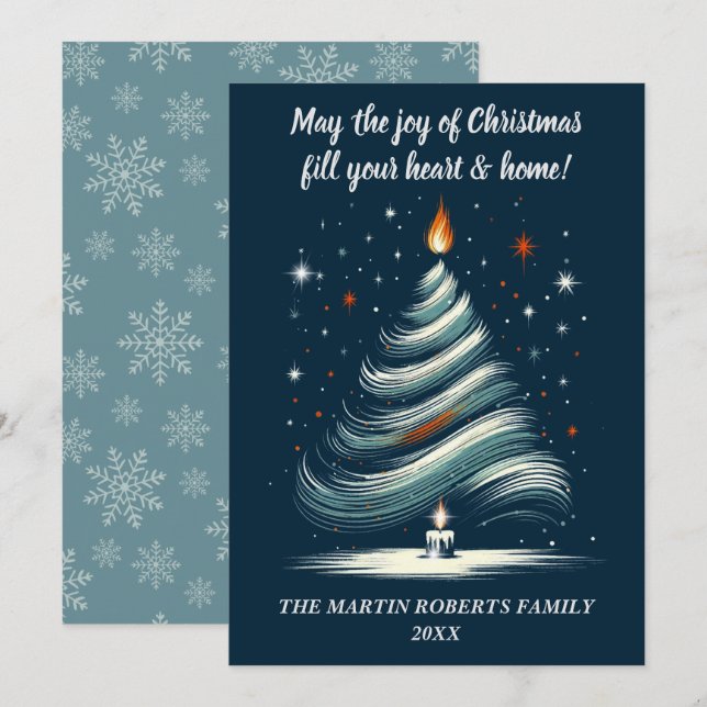 Tarjeta Festiva Árbol moderno en azul y gris con vela (Anverso / Reverso)