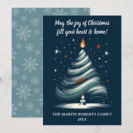 Tarjeta Festiva Árbol moderno en azul y gris con vela