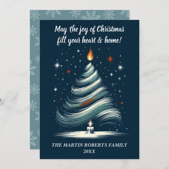 Tarjeta Festiva Árbol moderno en azul y gris con velas (Anverso / Reverso)