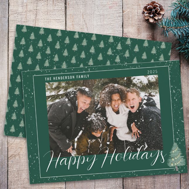 Tarjeta Festiva Árbol moderno Nieve Feliz Fiestas Familiares Foto  (Modern fir tree lights snow watercolor green and white christmas family photo card Snowy woodland )