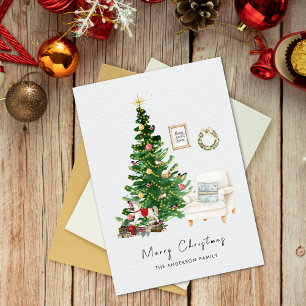 Tarjeta Festiva Árbol navideño acuarela y Navidades para sillas