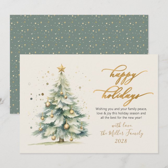 Tarjeta Festiva Árbol navideño de acuarela de guiones de vacacione (Anverso / Reverso)