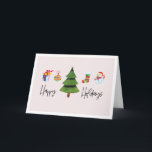 Tarjeta Festiva Árbol navideño de acuarela de vacaciones felices<br><div class="desc">Este pliegue sobre la tarjeta de saludo de los Navidades presenta un collage de íconos acuáticos de la temporada de fiestas: un regalo, un adorno, un caldo de leña, un muñeco de nieve y un árbol. El texto de estilo escrito a mano dice: Felices fiestas. Personaliza esta tarjeta con tu...</div>