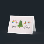 Tarjeta Festiva Árbol navideño de acuarela de vacaciones felices<br><div class="desc">Este pliegue sobre la tarjeta de saludo de los Navidades presenta un collage de íconos acuáticos de la temporada de fiestas: un regalo, un adorno, un caldo de leña, un muñeco de nieve y un árbol. El texto de estilo escrito a mano dice: Felices fiestas. Personaliza esta tarjeta con tu...</div>