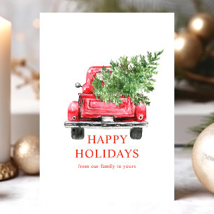 Tarjeta Festiva Árbol navideño de camioneta roja de color de agua