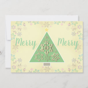 Tarjeta Festiva Árbol navideño de "Feliz Feliz" y copos de nieve