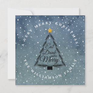 Tarjeta Festiva Árbol navideño moderno nevado azul oscuro