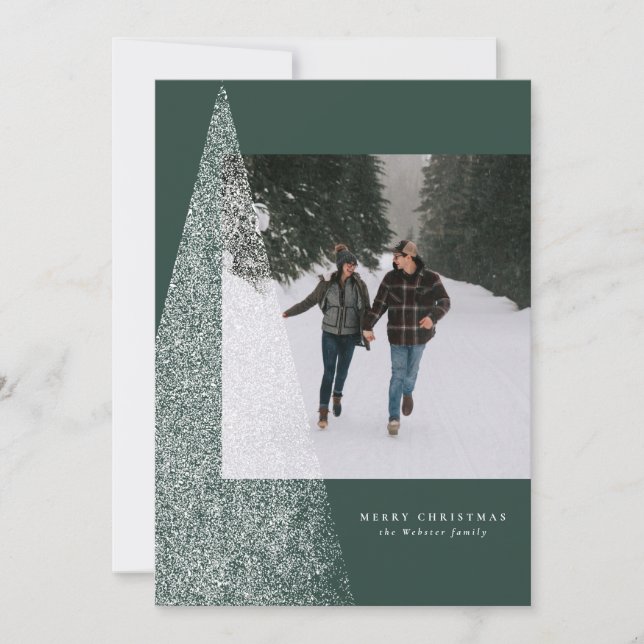 Tarjeta Festiva Árbol navideño moderno una foto verde (Anverso)