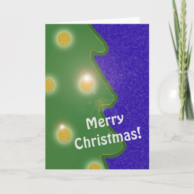 Tarjeta Festiva Árbol navideño naif Luces doradas Texto azul (Anverso)