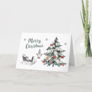 Tarjeta Festiva Árbol navideño navideño de acuarela navideña, gnom