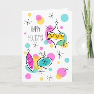 Tarjeta Festiva Árbol retro Baubles Felices vacaciones texto verti