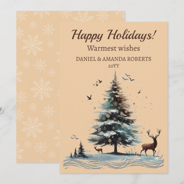 Tarjeta Festiva Árbol único, entorno forestal con ciervos (Anverso / Reverso)