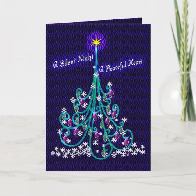 Tarjeta Festiva Árbol verde azulado y violeta (tarjeta navideña pe (Anverso)