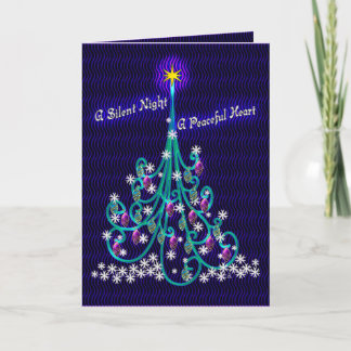 Tarjeta Festiva Árbol verde azulado y violeta (tarjeta navideña pe