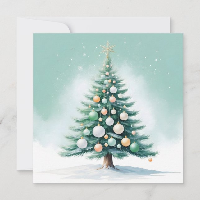 Tarjeta Festiva Árbol verde puro | Naranja verde plateado (Anverso)