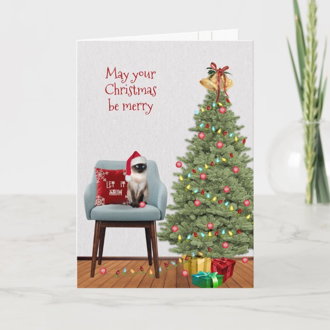 Tarjeta Festiva Árbol y gato siameses navidades (Anverso)
