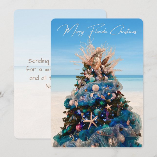 Tarjeta Festiva Árbol y playa tropical de Navidades de la Florida (Anverso / Reverso)