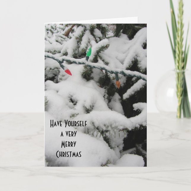 Tarjeta Festiva Árboles de invierno con nieve y luces (Anverso)