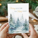 Tarjeta Festiva Árboles De Invierno Siempre Felices<br><div class="desc">Tarjeta de felicitación navideña con árboles de invierno en acuarela en tonos verdes combinados con tipografía moderna y script.</div>