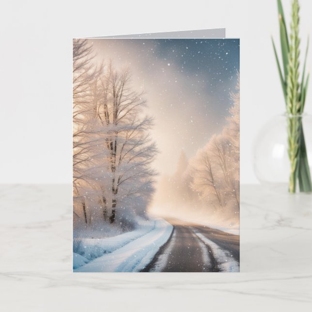 Tarjeta Festiva Árboles de invierno y camino escarpados (Anverso)