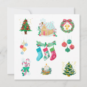 Tarjeta Festiva Árboles de Navidad, Adornos y Medias 