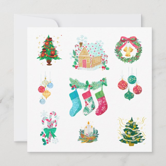 Tarjeta Festiva Árboles de Navidad, ornamentos y existencias (Anverso)
