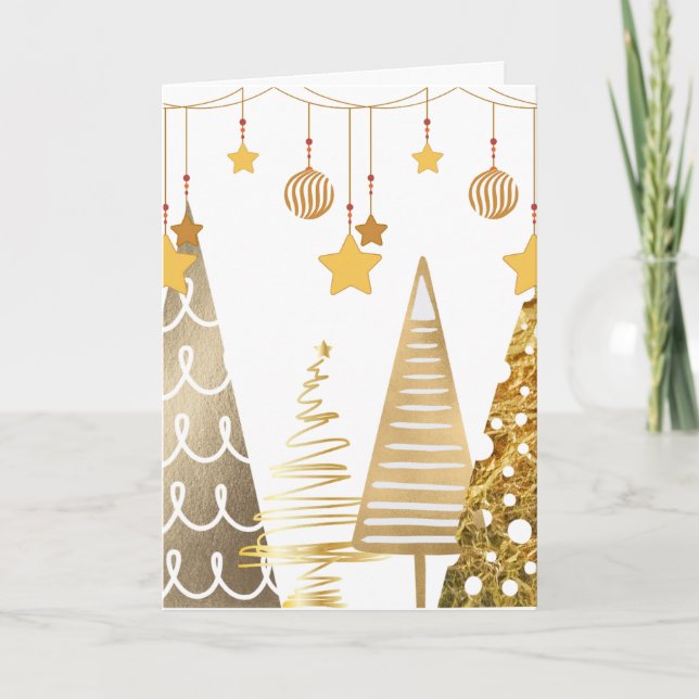Tarjeta Festiva Árboles de oro, baubles y decoraciones (Anverso)