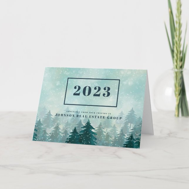 Tarjeta Festiva Árboles de pino verde acuarela | Saludos de Año Nu (Anverso)