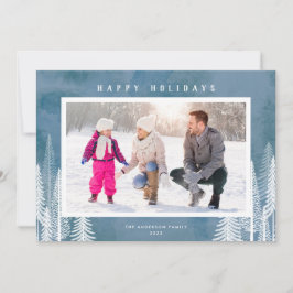 Tarjeta Festiva Árboles Evergreen blancos Blue Happy Holidays Phot