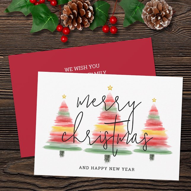 Tarjeta Festiva Árboles navideños acuarelas (Watercolor striped Christmas trees flat holiday greeting cards feature your greeting on the back.)