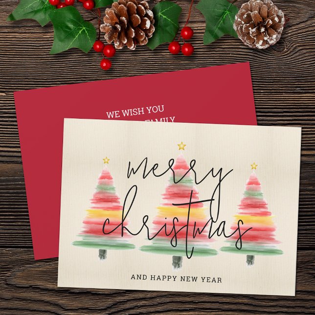 Tarjeta Festiva Árboles navideños acuarelas (Watercolor striped Christmas trees flat holiday greeting cards feature your greeting on the back.)