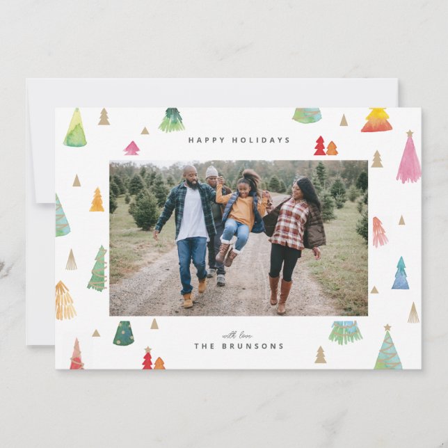 Tarjeta Festiva Árboles navideños coloridos y acuarelas (Anverso)