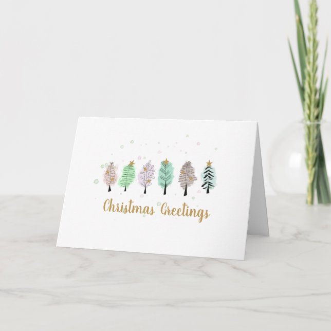 Tarjeta Festiva Árboles navideños de acuarela caprichosa (Anverso)